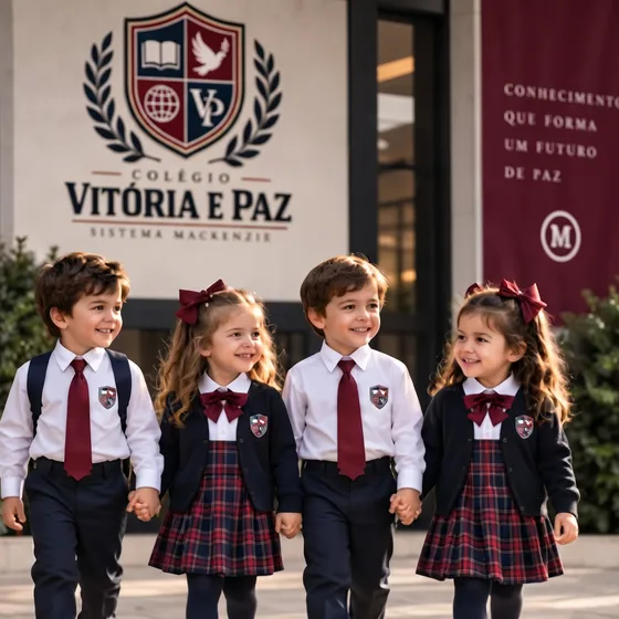 Quatro crianças de uniforme do Colégio Vitória e Paz, de mãos dadas, na entrada da escola.